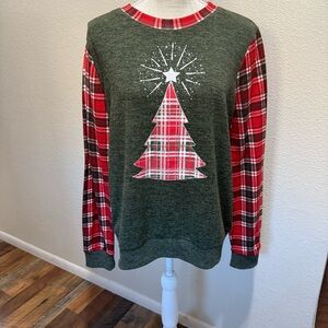 Tru Self Women’s Olive Green & Plaid Pullover Holiday Christmas Tree Sweater - L